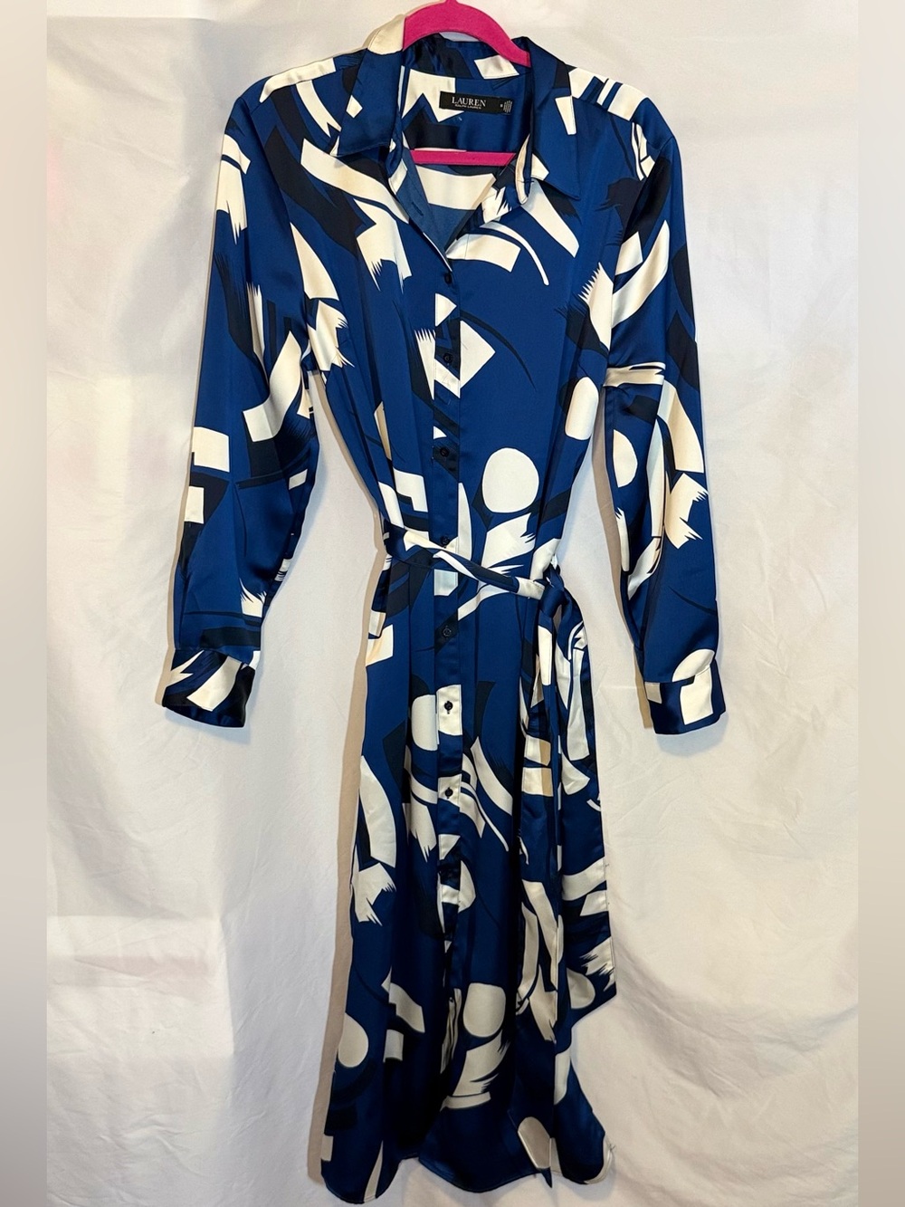 Ralph Lauren Geometric Print Charmeuse Shirt Dress in Blue and White size 14 (TT